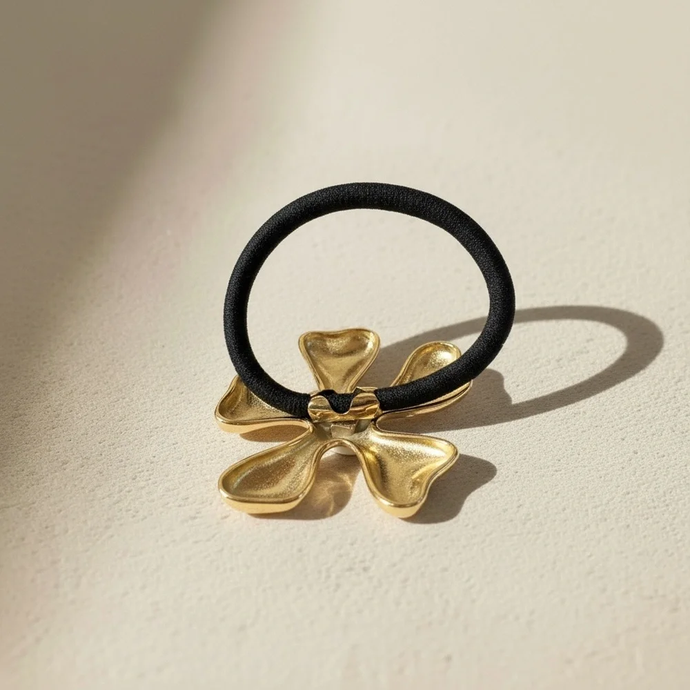 18K Gold Plated Stainless Steel Sculptural Flower Ponytail Cuff Hair Tie
